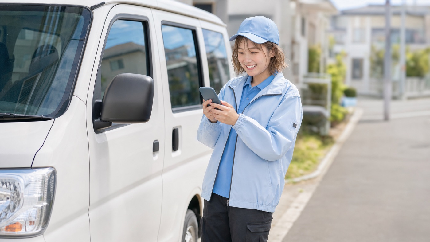 スマートフォンで配送ルートを確認するドライバー